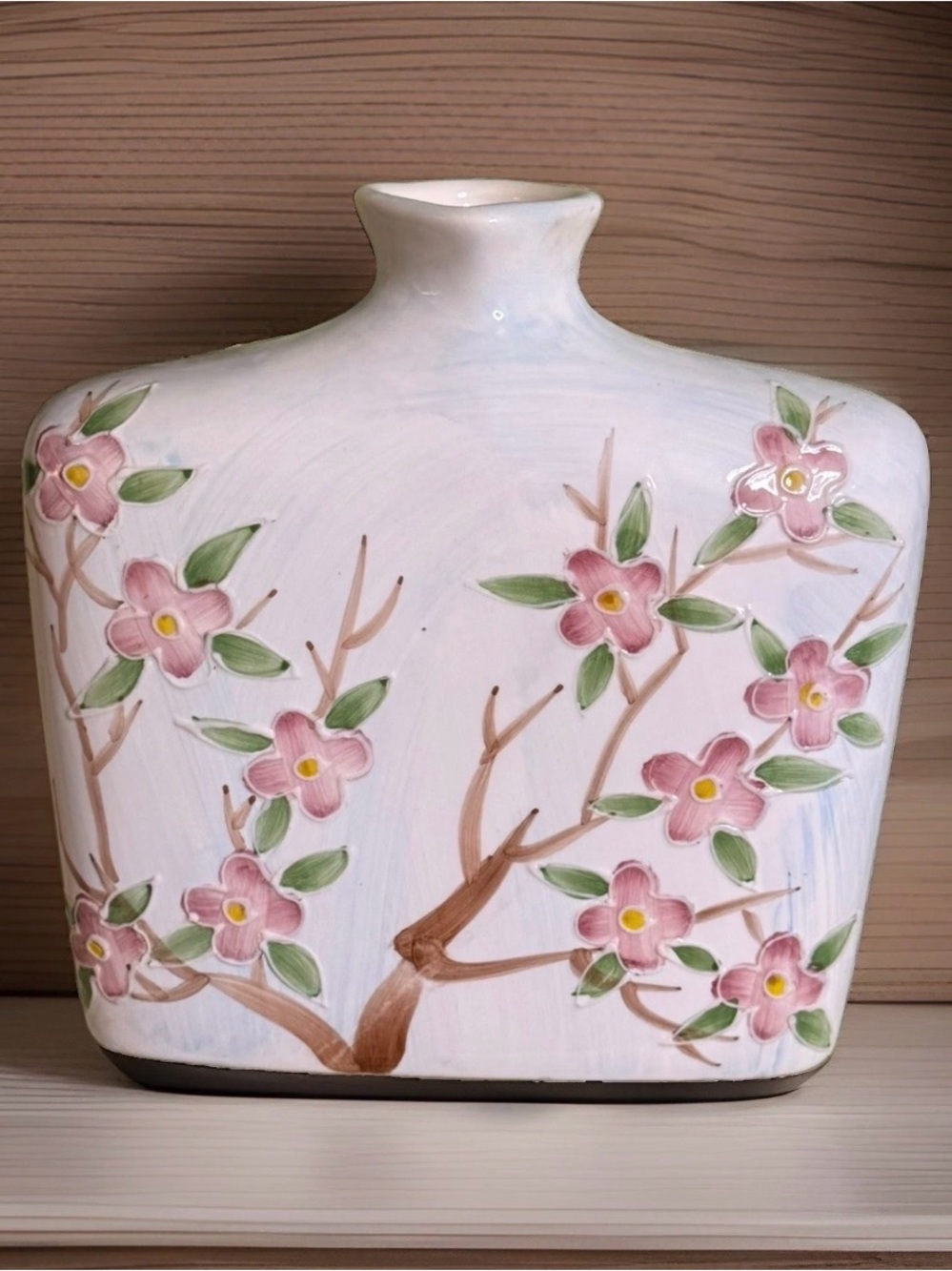 Vintage Hand-Painted Pink Dogwood Ceramic Vase - Decorative Home Art